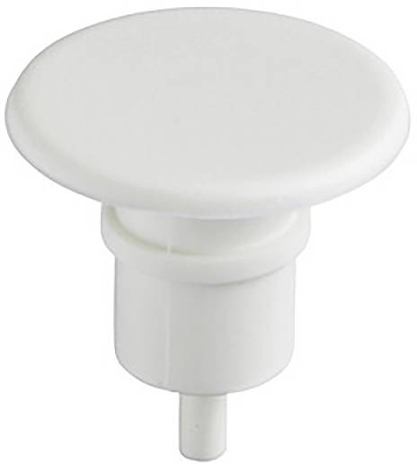 White, round plastic cap with a short cylindrical pin on the underside, likely used as a cover or protective cap.