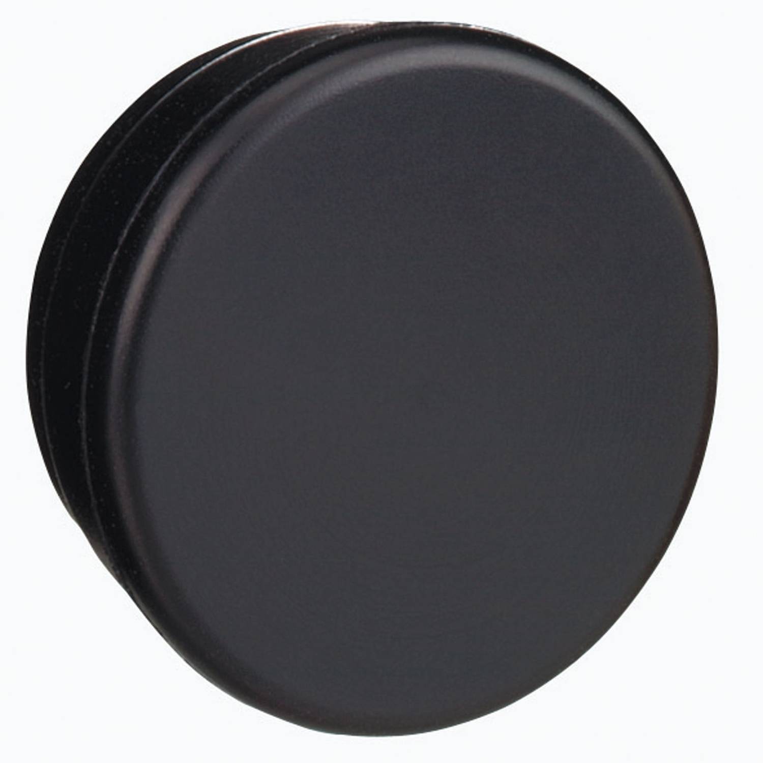 A round, black metal saucepan lid at a slightly angled perspective against a white background.
