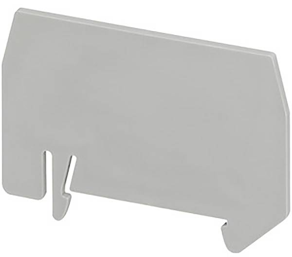 Grey dividing or terminal piece for electrical installations, with two hooks on the underside for mounting.