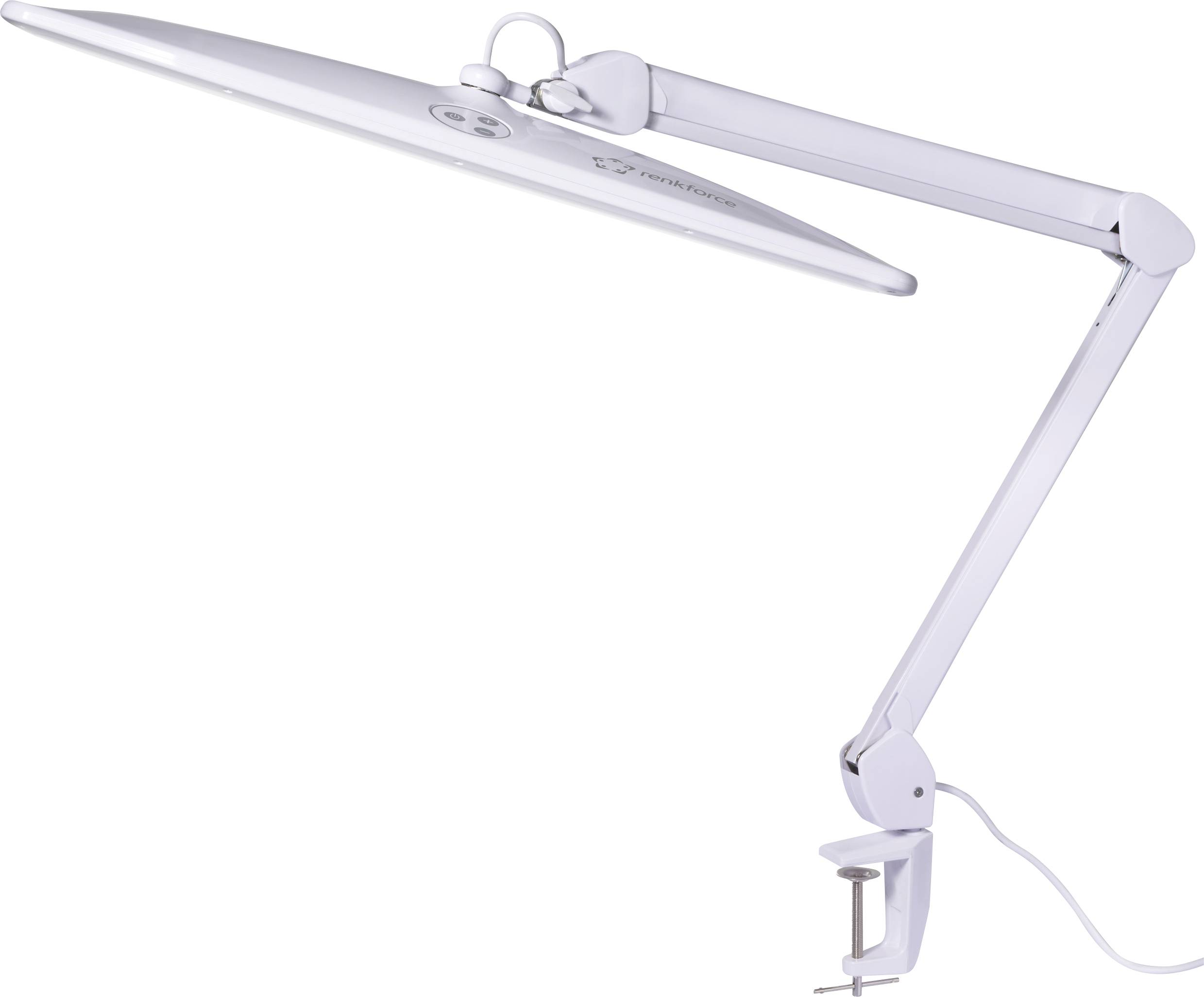 A modern desk lamp with an adjustable arm and wide light head, mounted on a desk. Ideal for illumination whilst working.