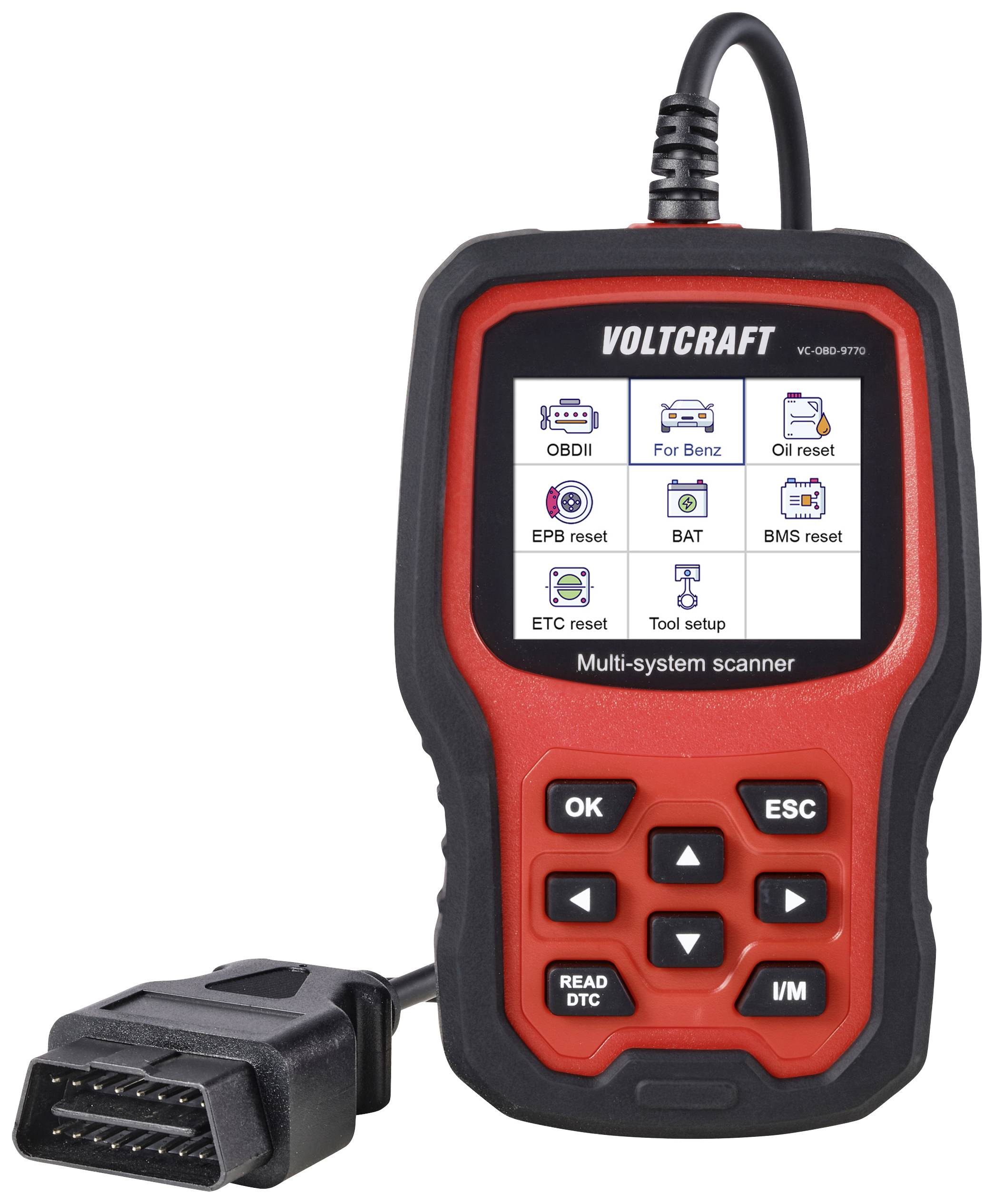 A red OBD2 diagnostic device with a screen for vehicle analysis, displaying symbols such as 'OBDII', 'Tool Setup'. Marked with 'Voltcraft'.