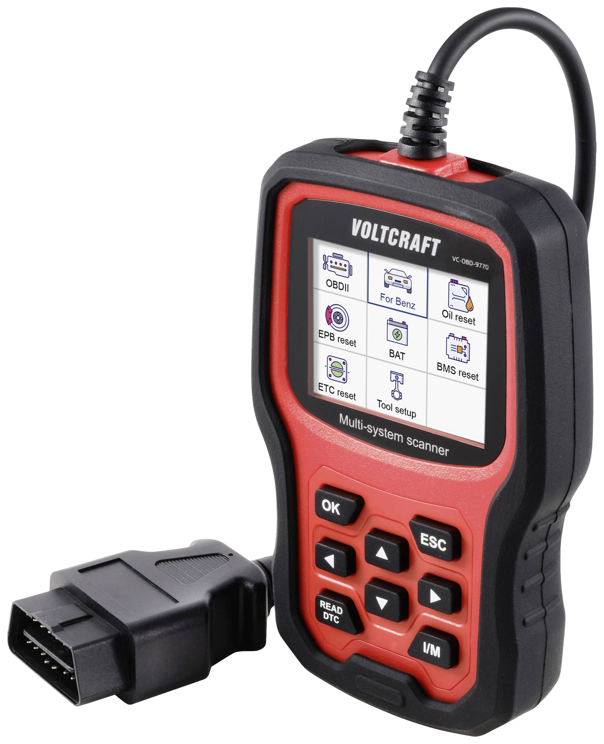 OBD-II diagnostic device with screen, displaying menu options for vehicle diagnostics. Navigation and diagnostic selection buttons at the bottom.