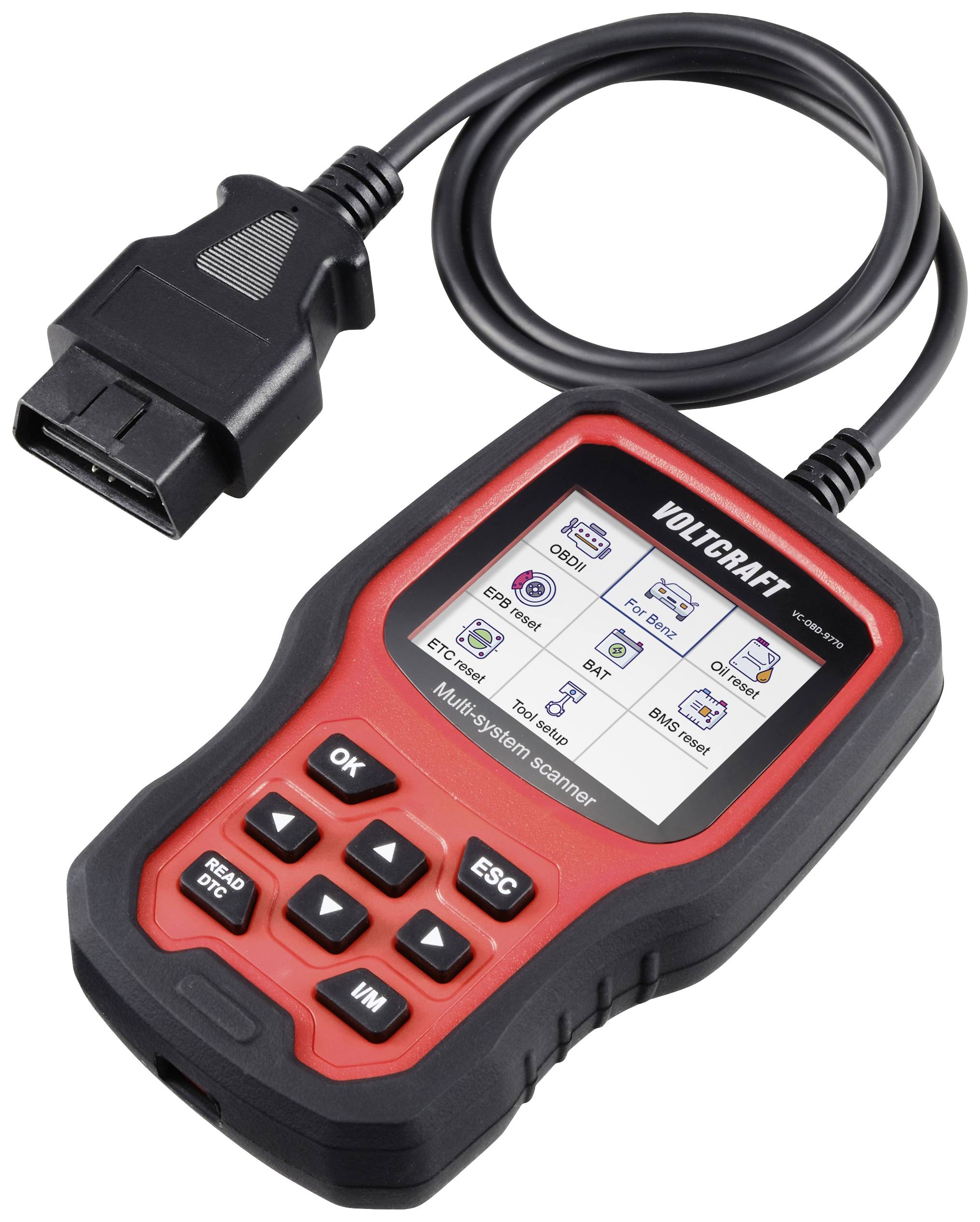 A red vehicle diagnostic device with a screen and buttons. It displays various diagnostic options. An OBD cable is connected.