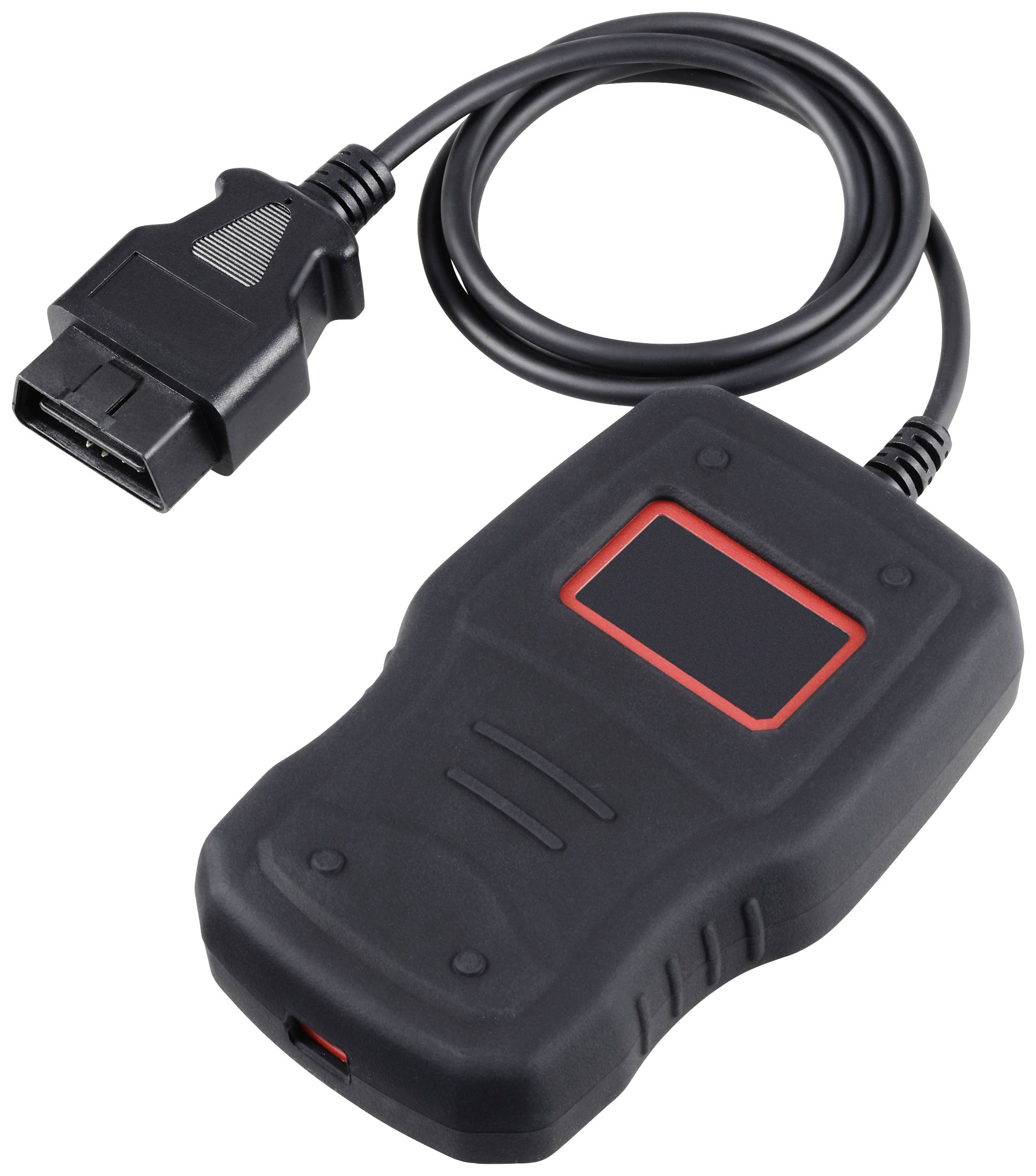 Black OBD2 diagnostic scanner with cable and connection for vehicle diagnostics. Rectangular design with red border around the display.