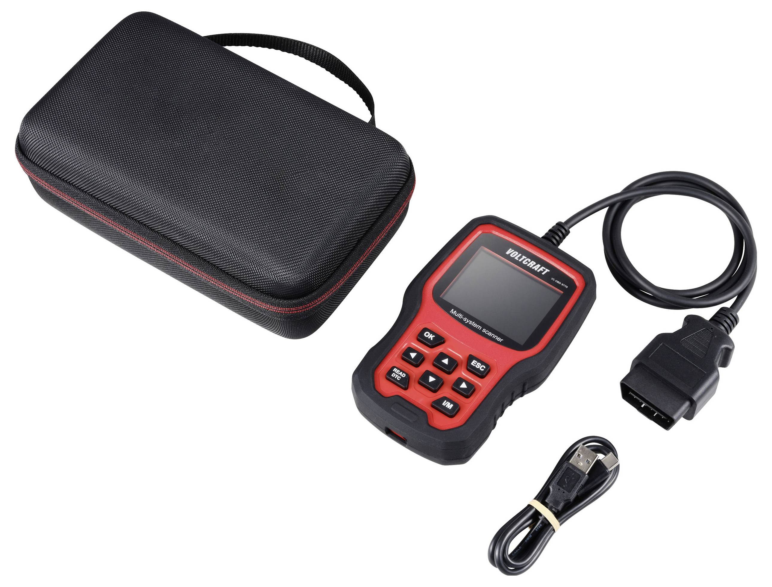 A black and red automotive diagnostic tool with screen and buttons, alongside a black case and USB cable.