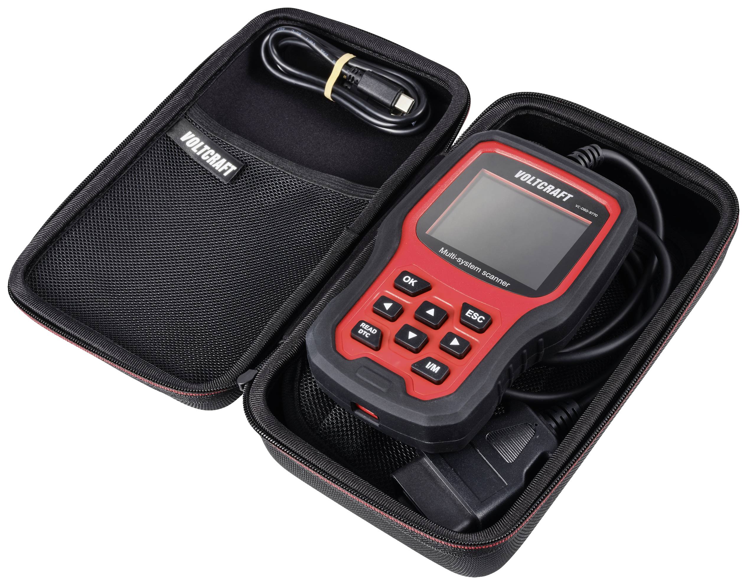A red diagnostic device in a black bag with a cable. The device has a display and multiple buttons for analysing vehicle data.