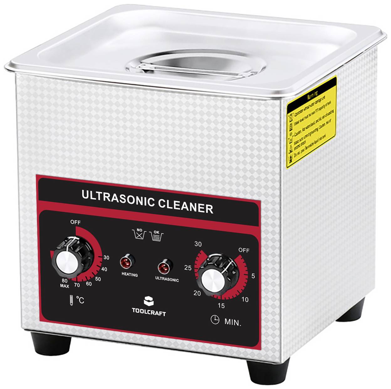 Ultrasonic cleaner in a silver casing with control panel. Two rotary knobs for temperature and timer, switches for heating and ultrasonic function.