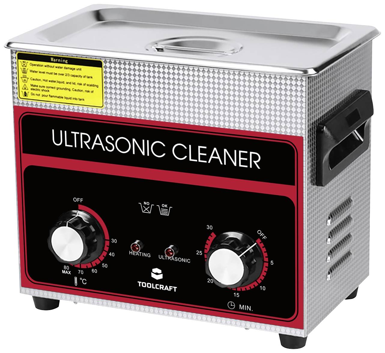 An ultrasonic cleaner with buttons for temperature control and timer. Black front with red lettering 'Ultrasonic Cleaner'.