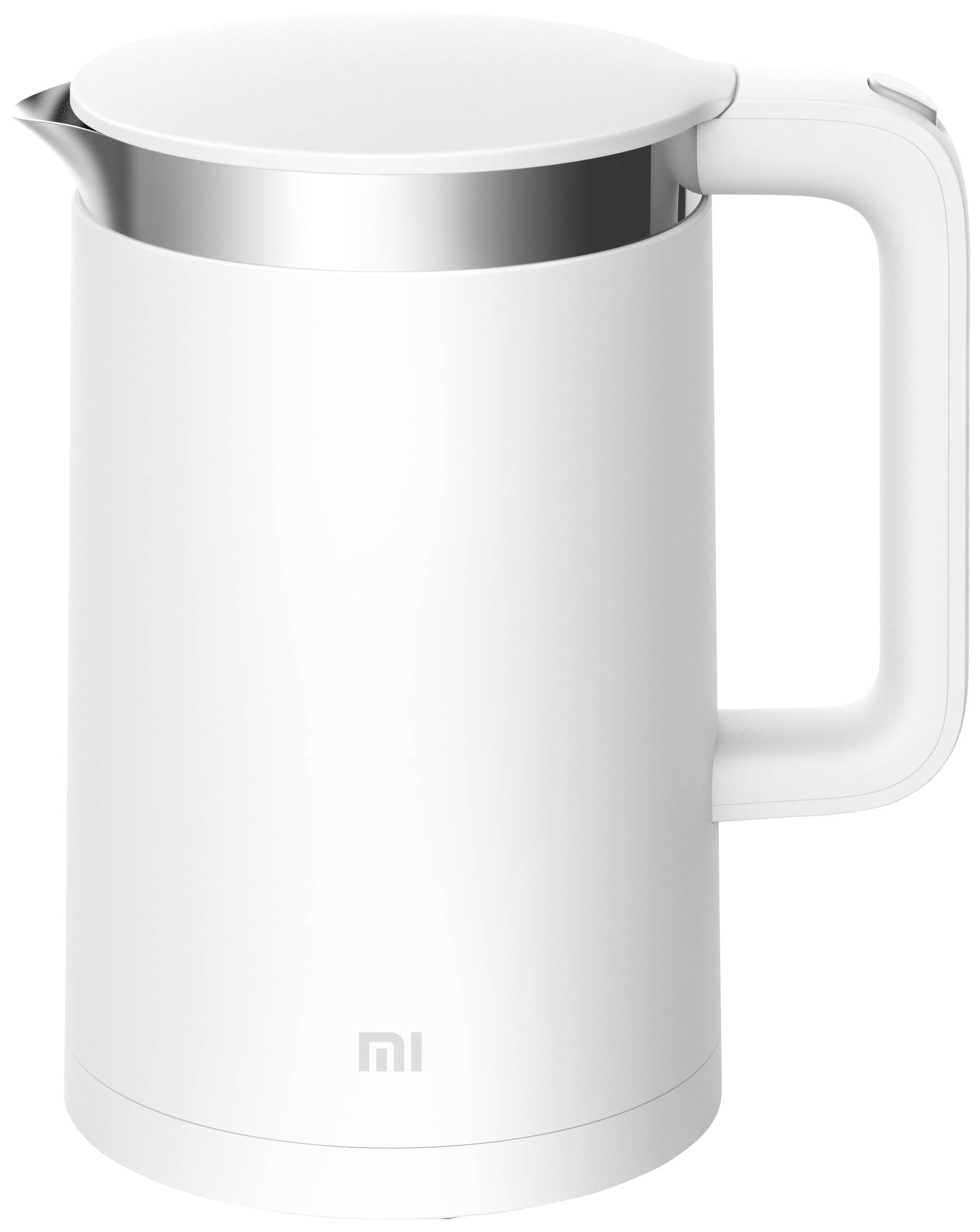 A white kettle with a handle on the side and a pouring lid. Subtle logo at the bottom of the kettle.