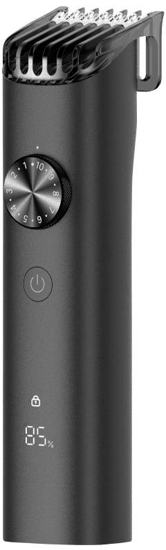 Black electric beard trimmer with adjustable comb and rotary dial for length adjustment, displays 85% battery capacity.