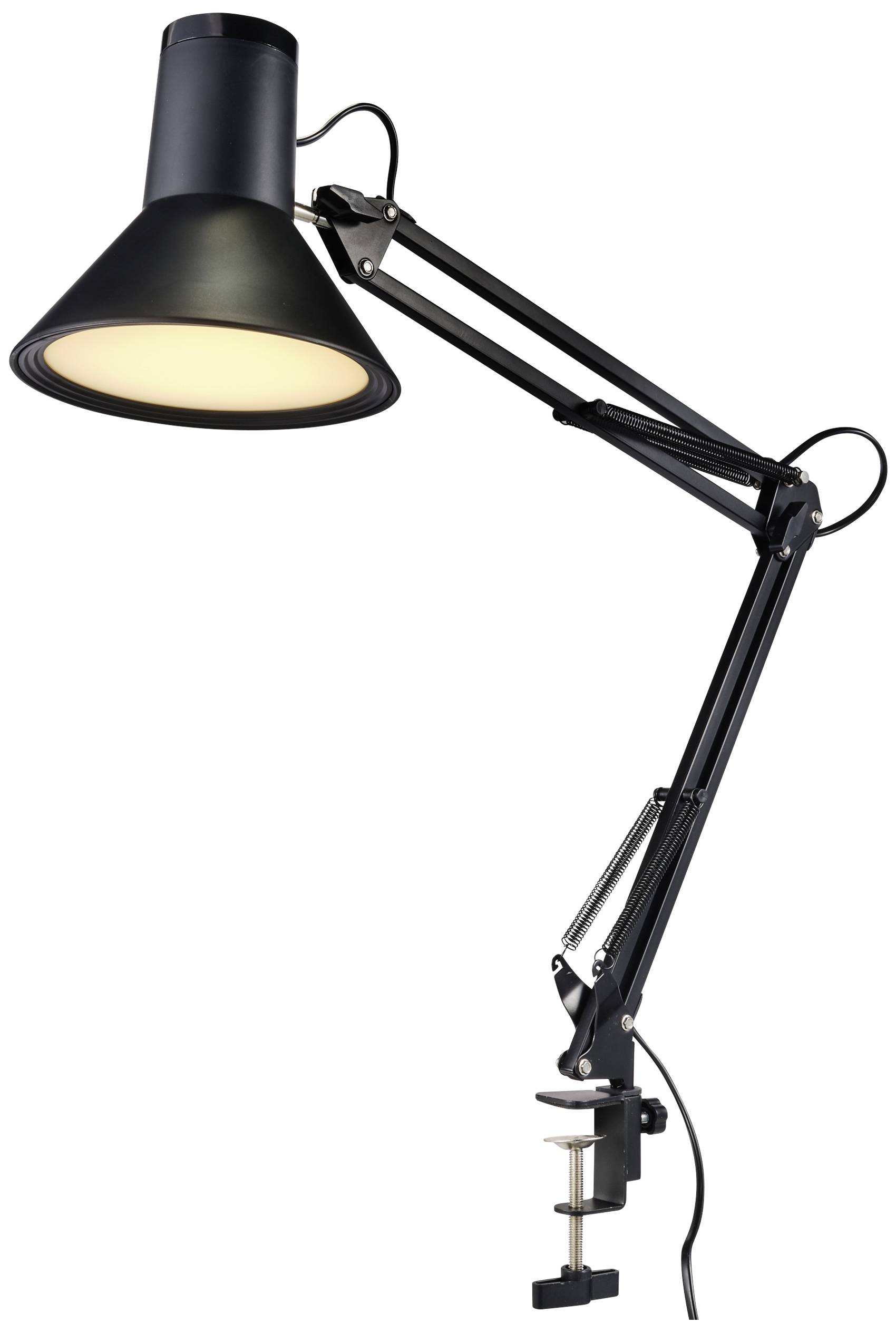Black desk lamp with adjustable arm, mounted on an edge, shining downwards. Ideal for workspaces.