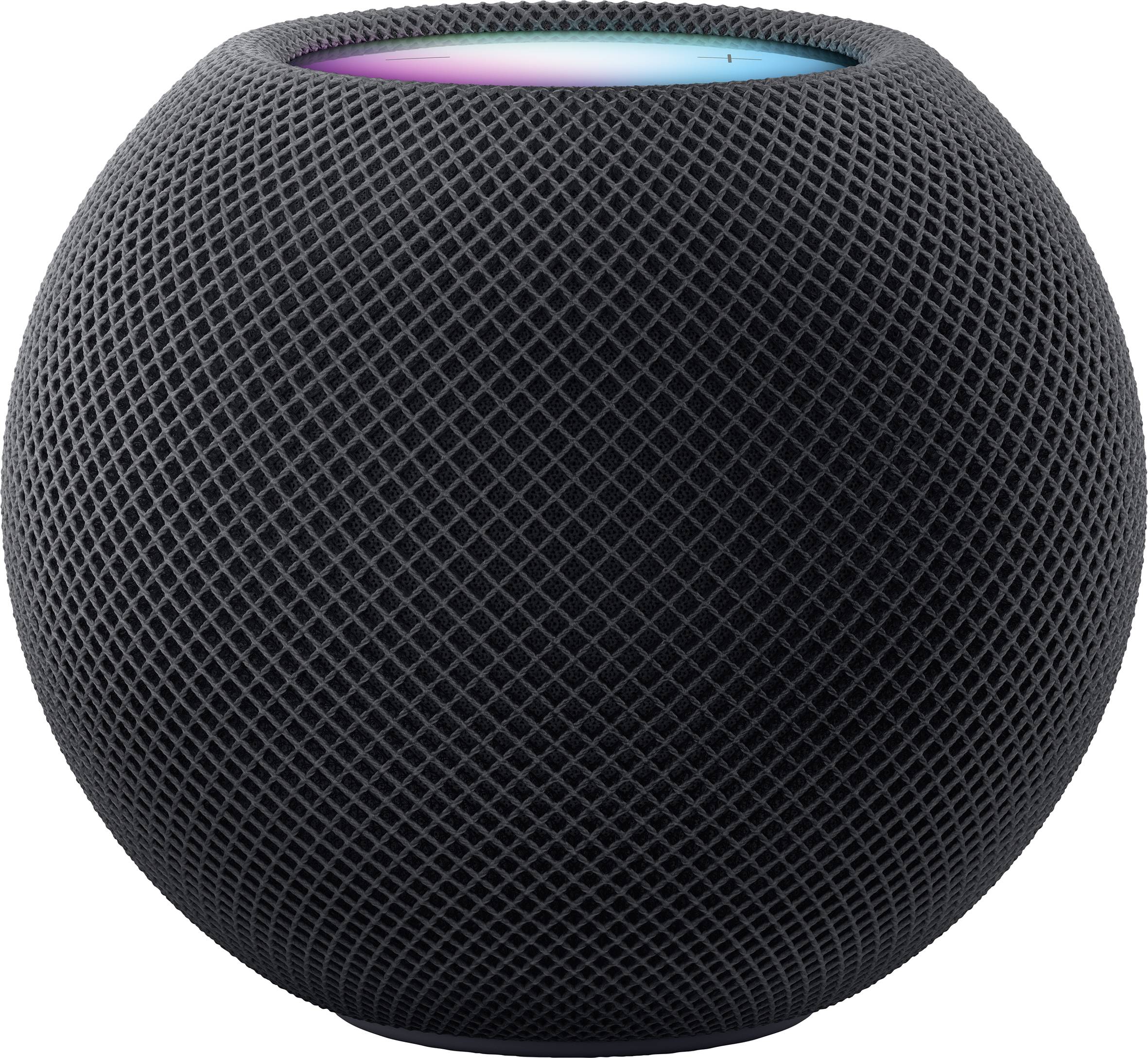 Round, black speaker with mesh fabric and glowing, colourful light on top.