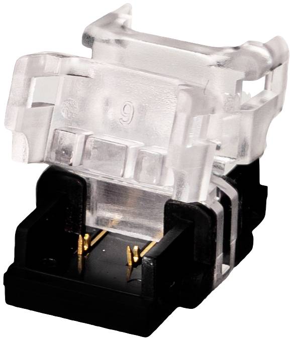 A transparent and black power connector with two gold-coloured electrical contacts for connection.