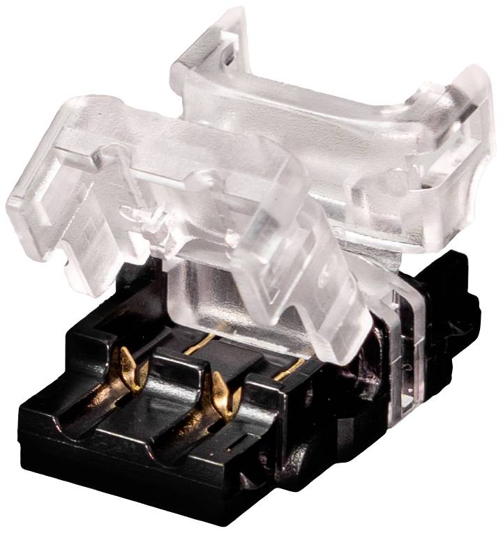 Transparent plastic switch with a black base and golden contacts, mounted for connecting electronic components.