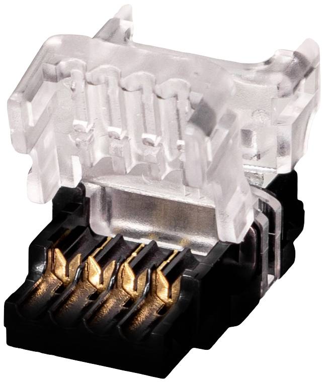 A transparent modular plug with metal contacts, typically used for Ethernet cables.