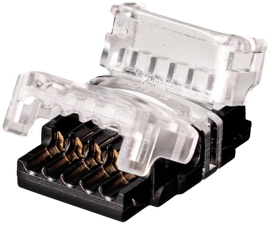 An RJ45 plug with a transparent plastic housing, revealing the metal contacts used for network connections.