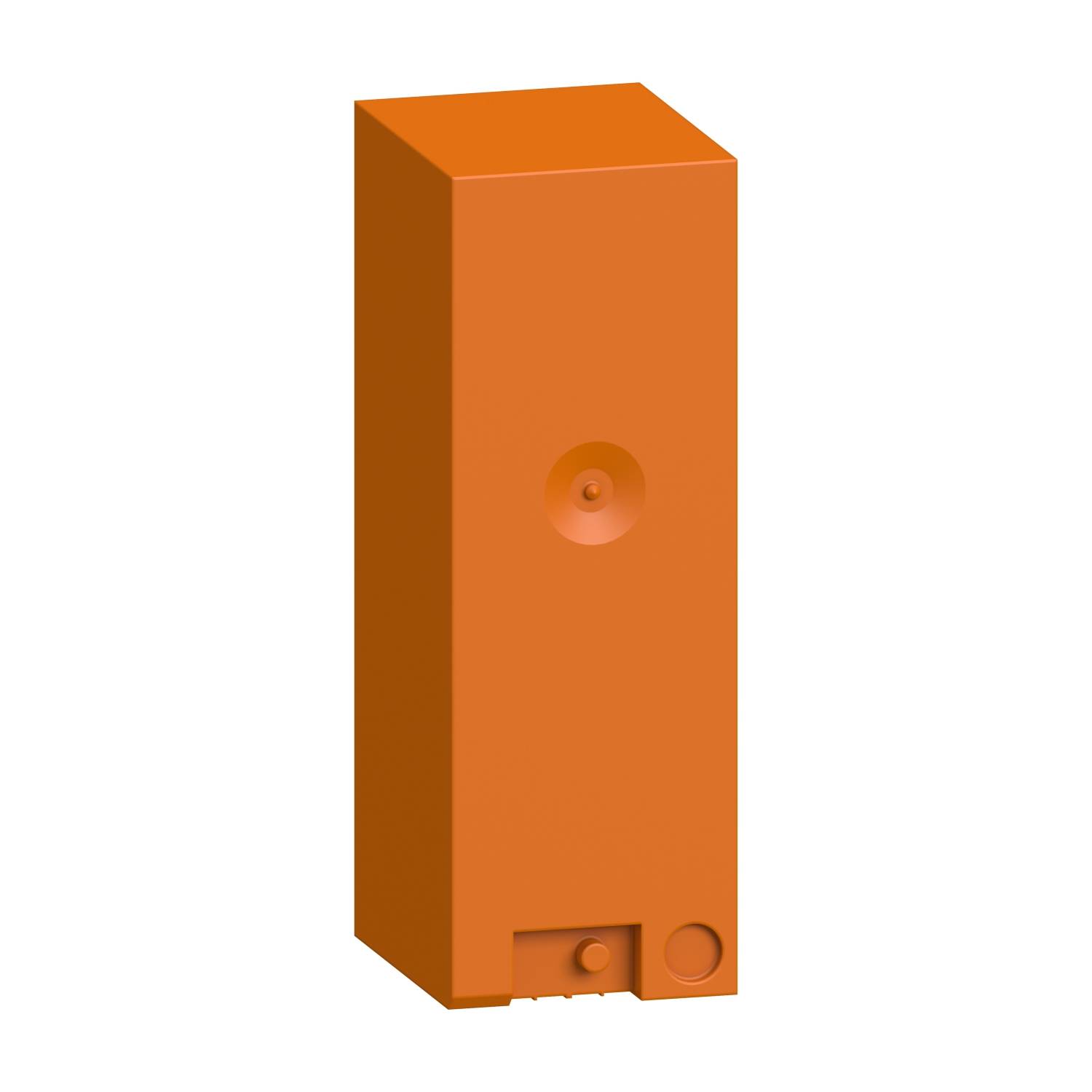 An orange rectangular block with raised details on one side.