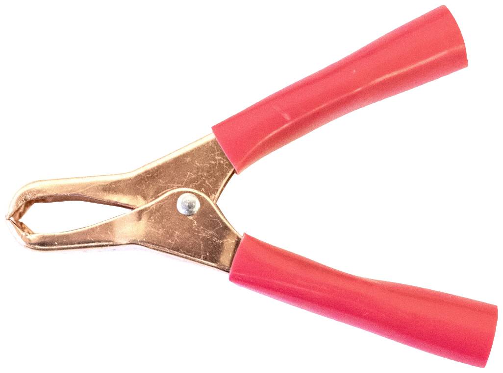 A red crocodile clip with a metal body and insulated handle, used for temporarily connecting electrical wires or contacts.