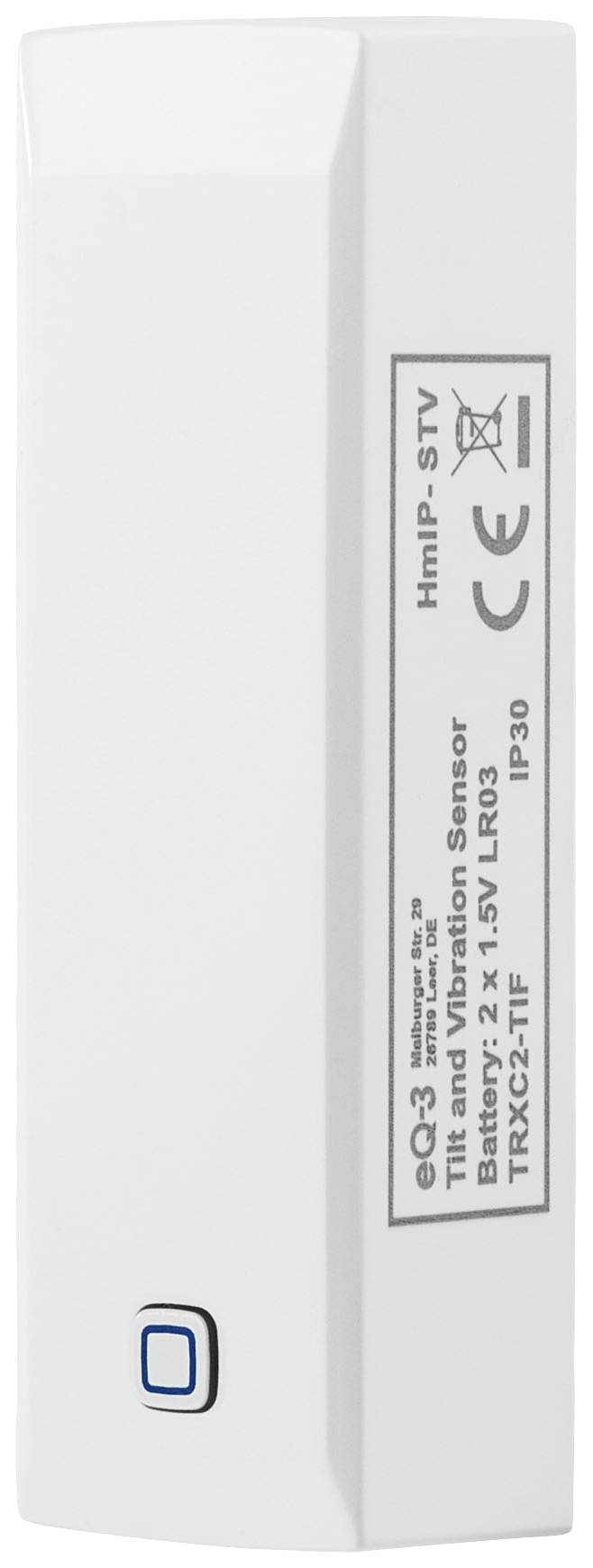 A white tilt sensor with a blue button and technical specifications on a label, including battery and model information.