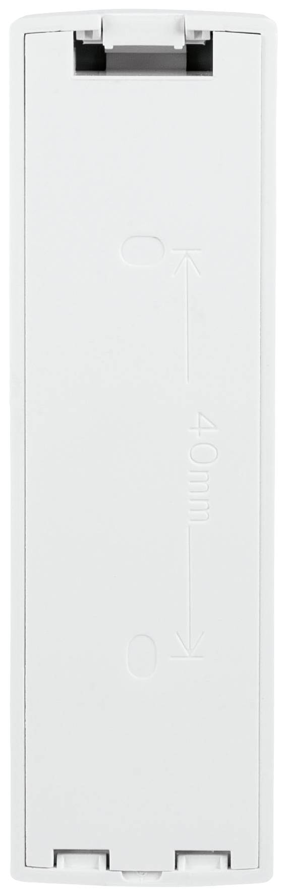 White rectangular plastic component with an arrow and measurement unit of 40 mm in the centre.
