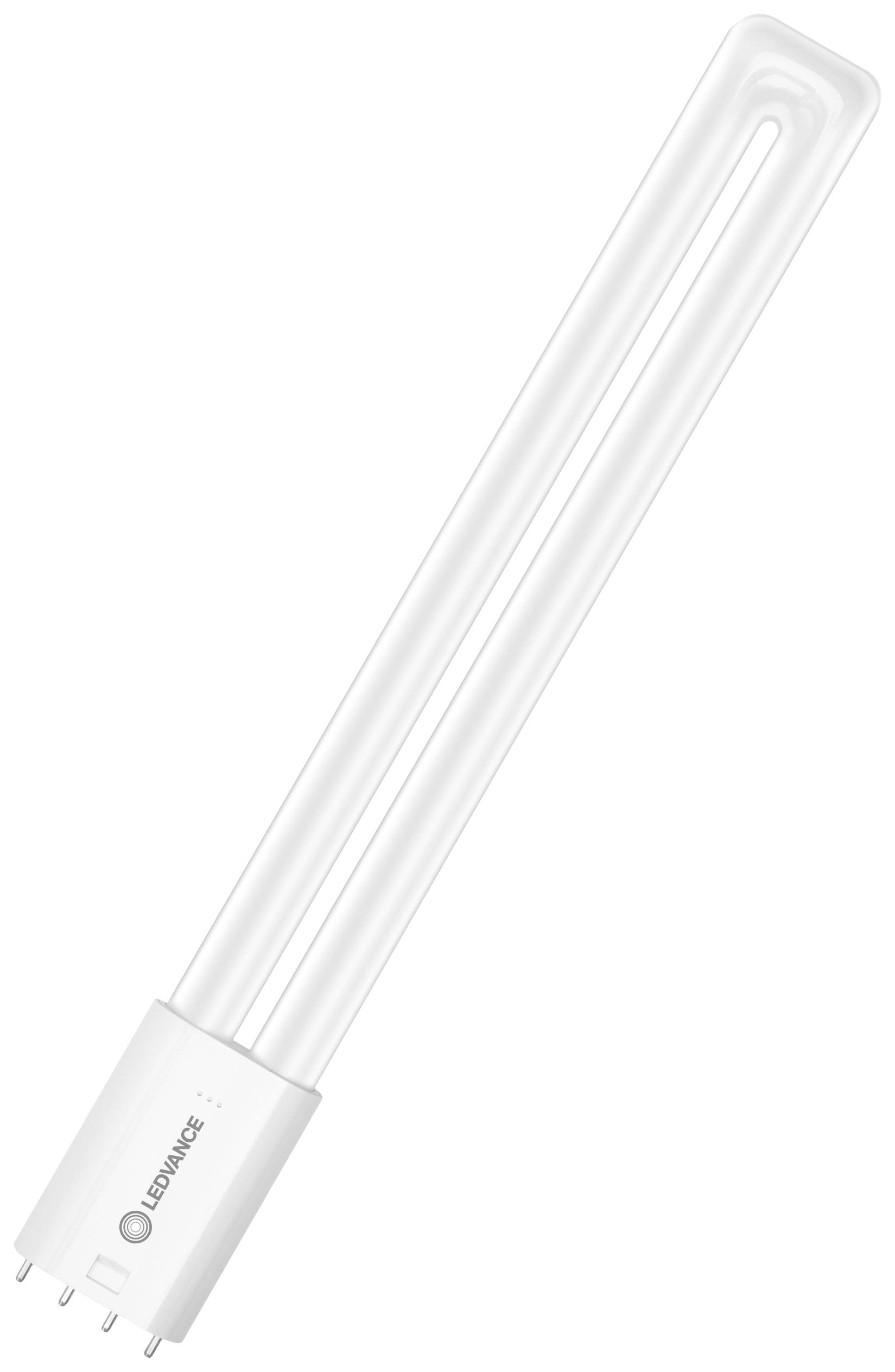A LED lamp with an elongated, curved shape and four pins at the base.