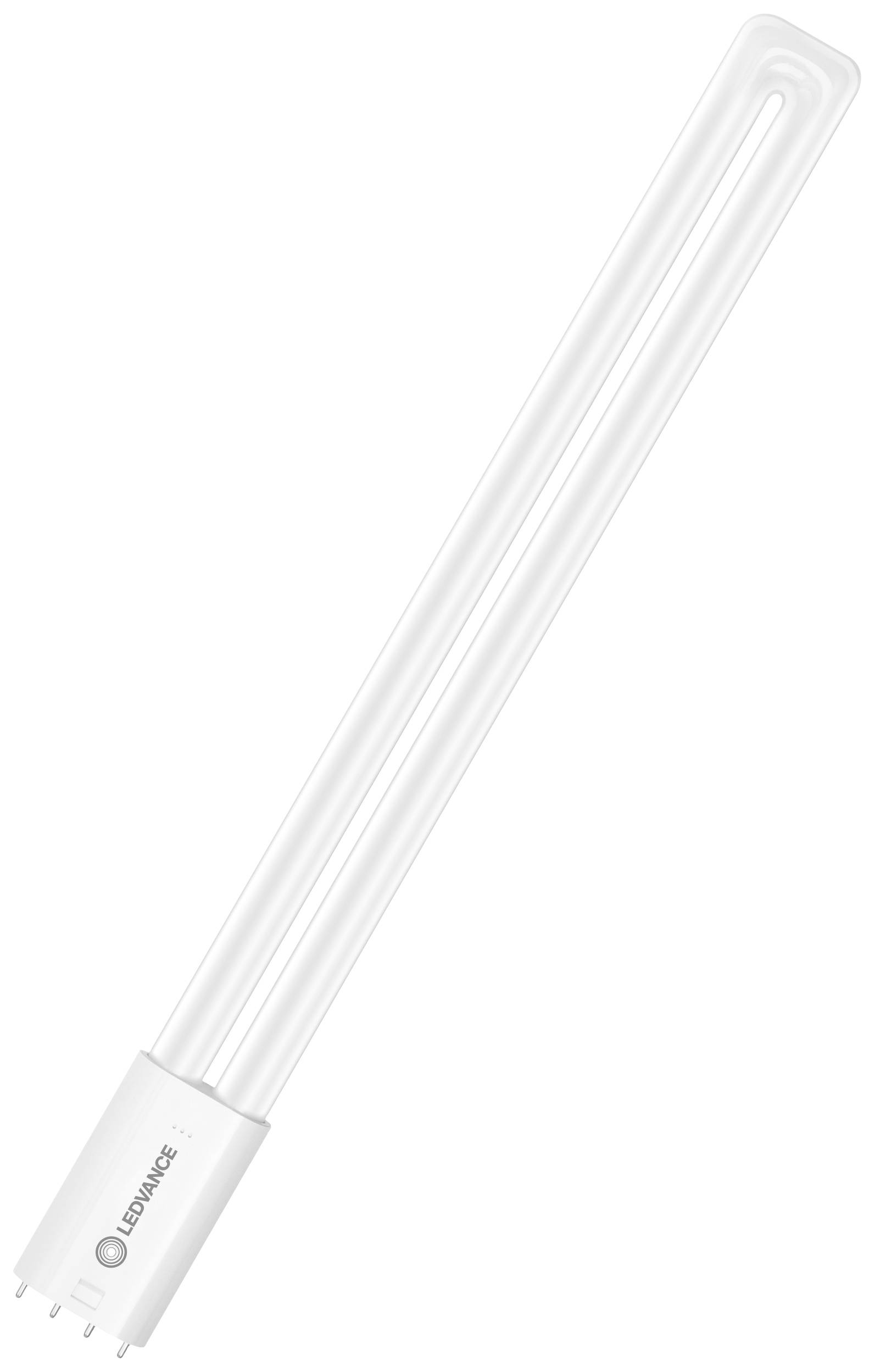 A long, white fluorescent lamp with four pins at the base. It is positioned against a neutral background.