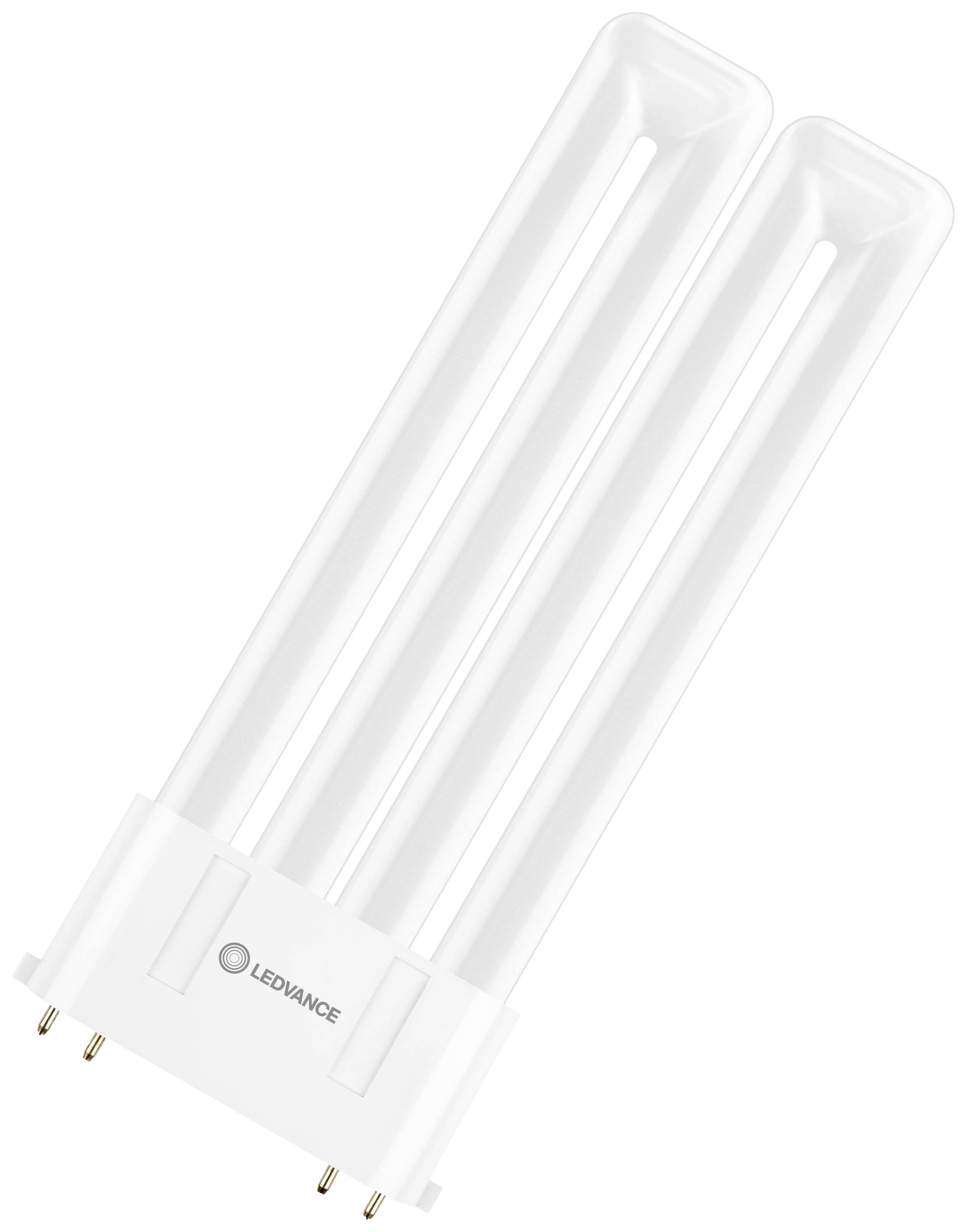 A white, low-luminosity LED lamp from Ledvance with two parallel tubes and four pins for inserting into a light fitting.