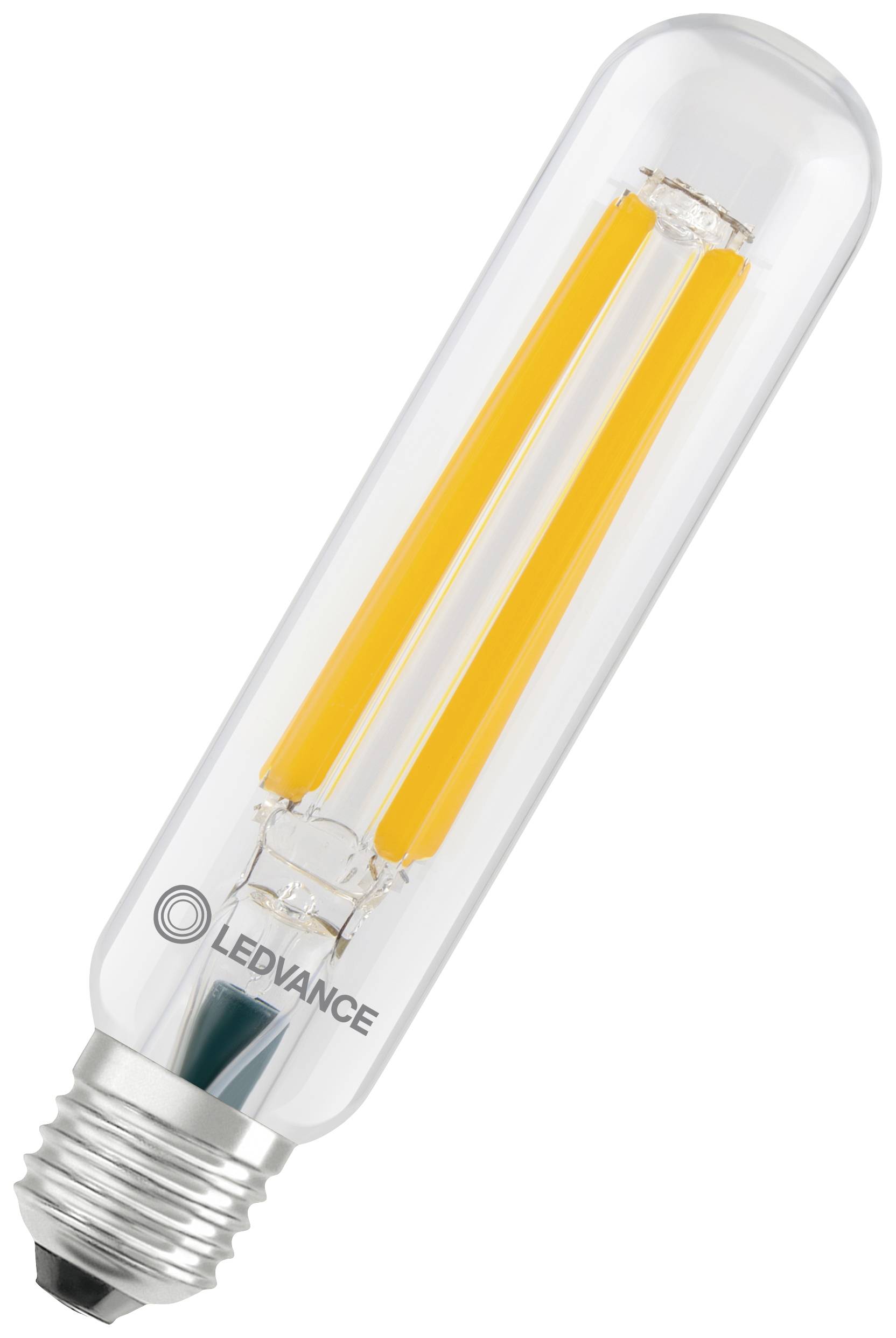 A long, narrow LED light bulb with visible orange filaments and a silver base. 'LEDVANCE' marking on the bulb.