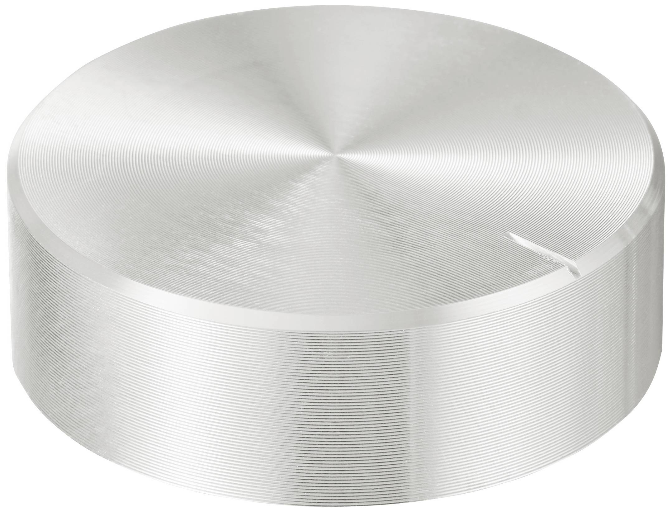 A large, silver, metallic button with a marking to indicate position. Suitable for an electronic device or machine.