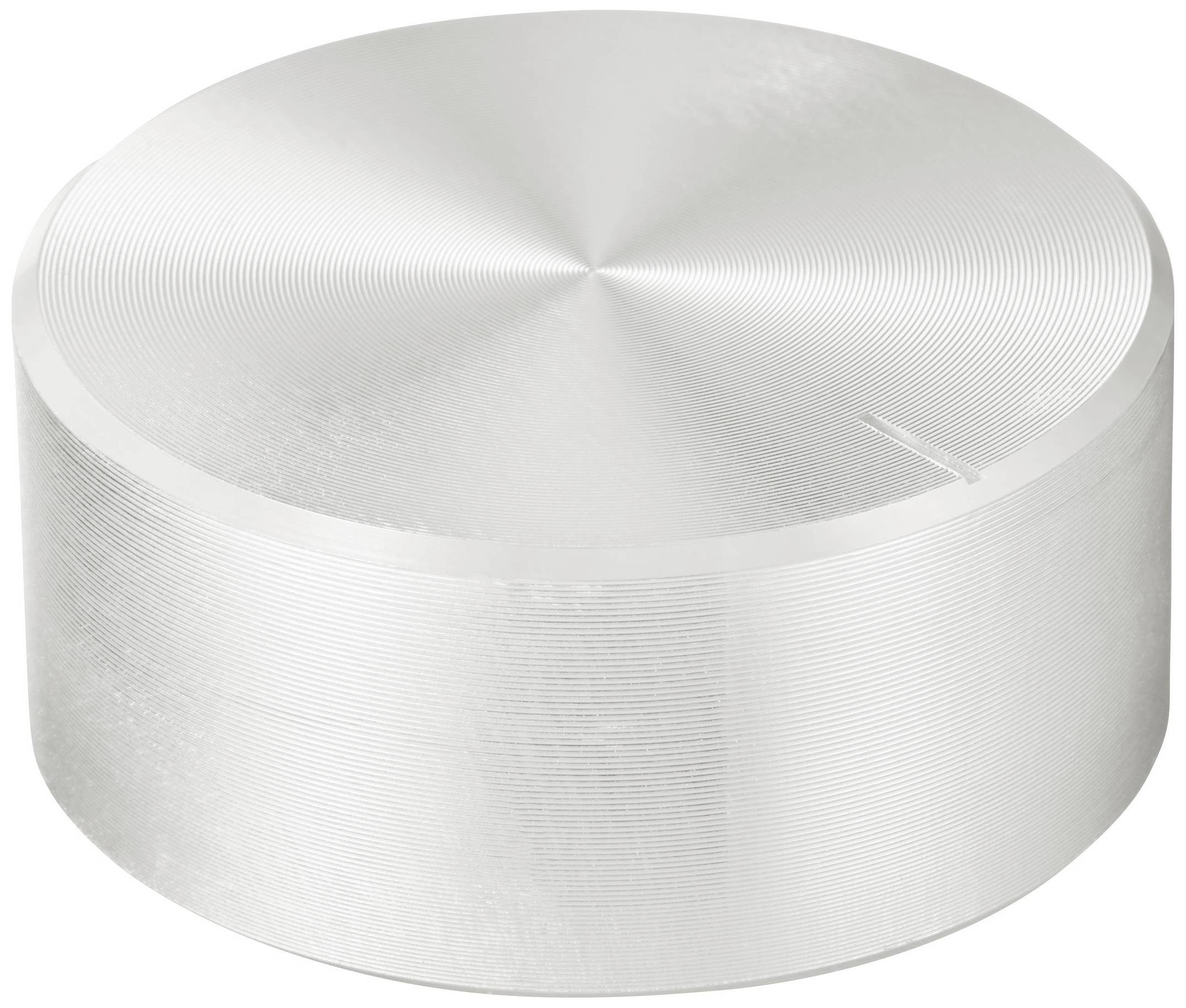 Round metal button with a fine surface texture, similar to a volume control knob.