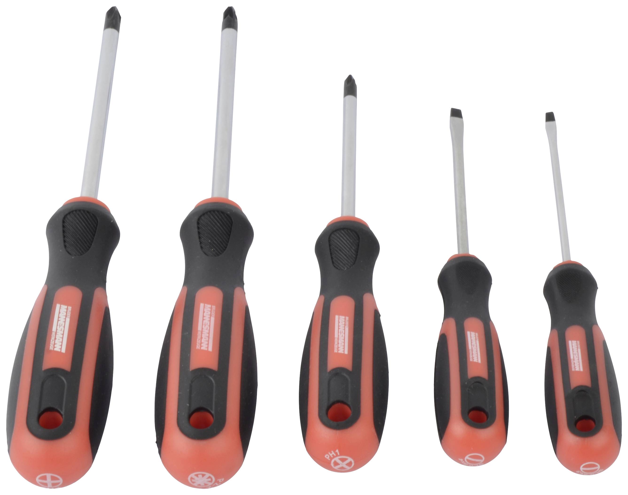 Five screwdrivers with black handles and red accents in various sizes, lined up side by side.