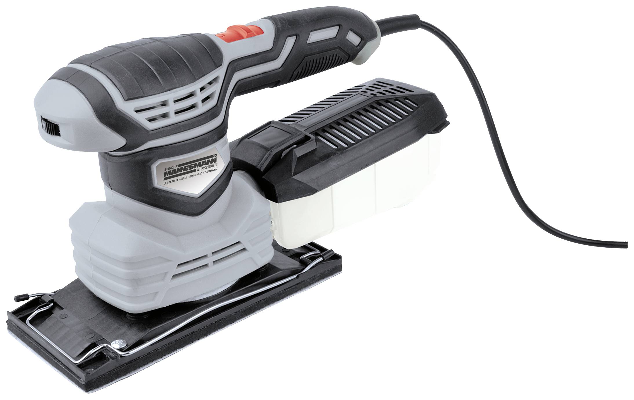 An electric grinding machine with a black and grey design, red switch, cable and dust-collecting box, positioned on a white surface.