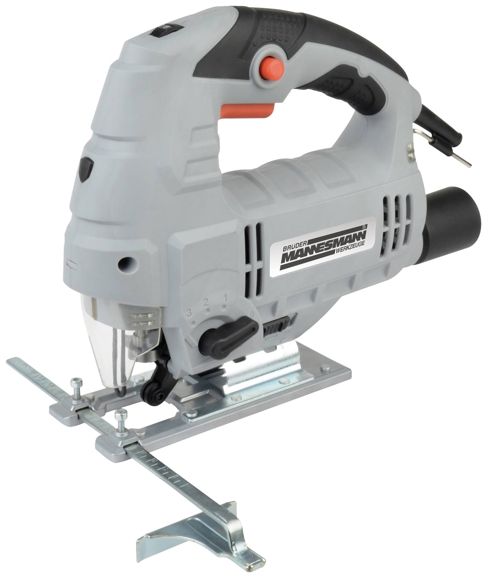 A grey jigsaw saw with a black handle and red switch is attached to a metal ruler.