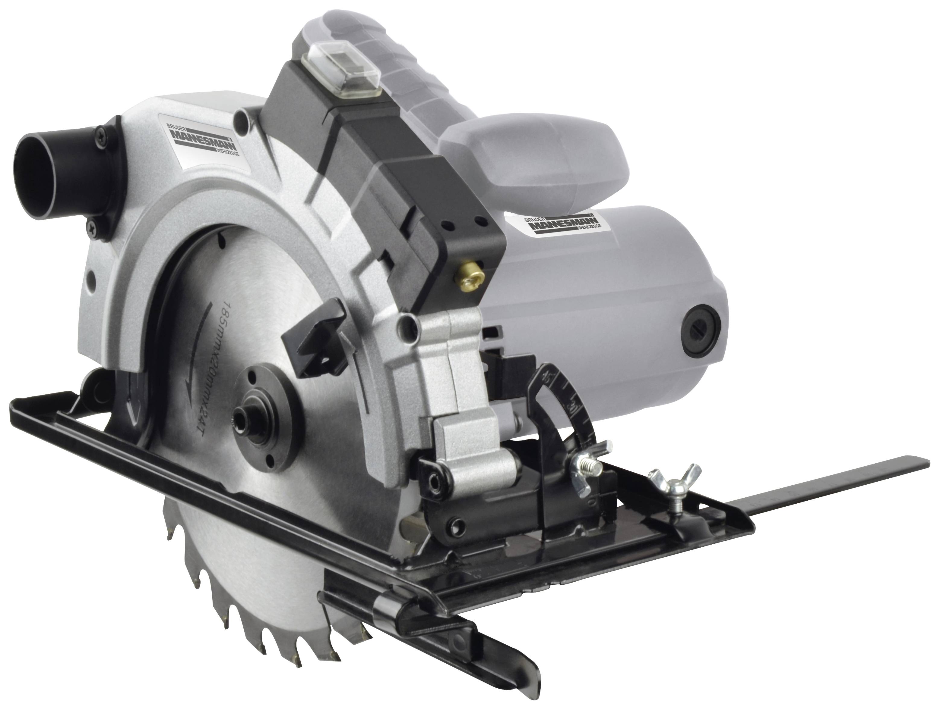 Circular saw with a silver casing and black handle, mounted on a black base.