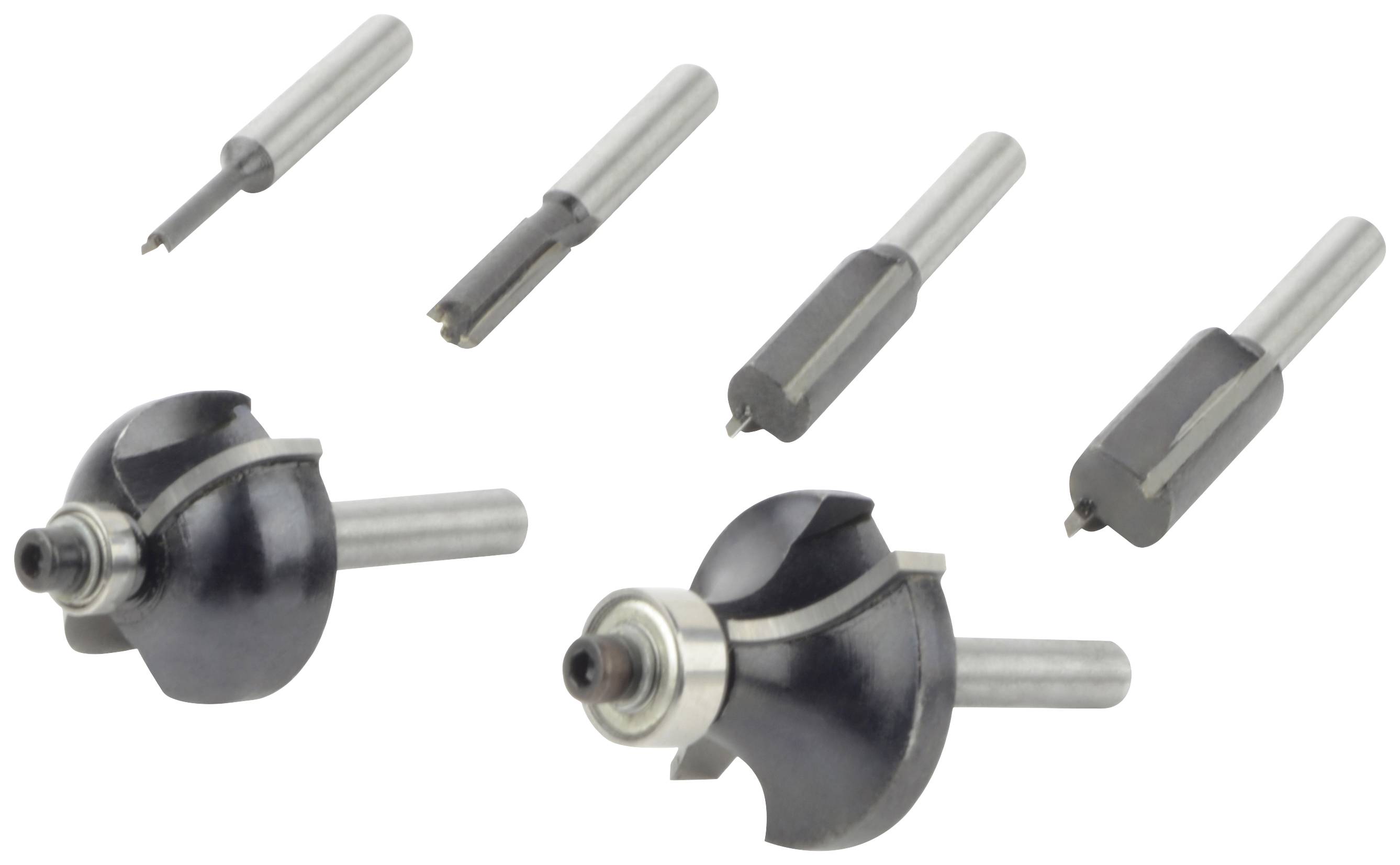Six different router bits for woodworking, including two round and four flat router bits in various sizes.