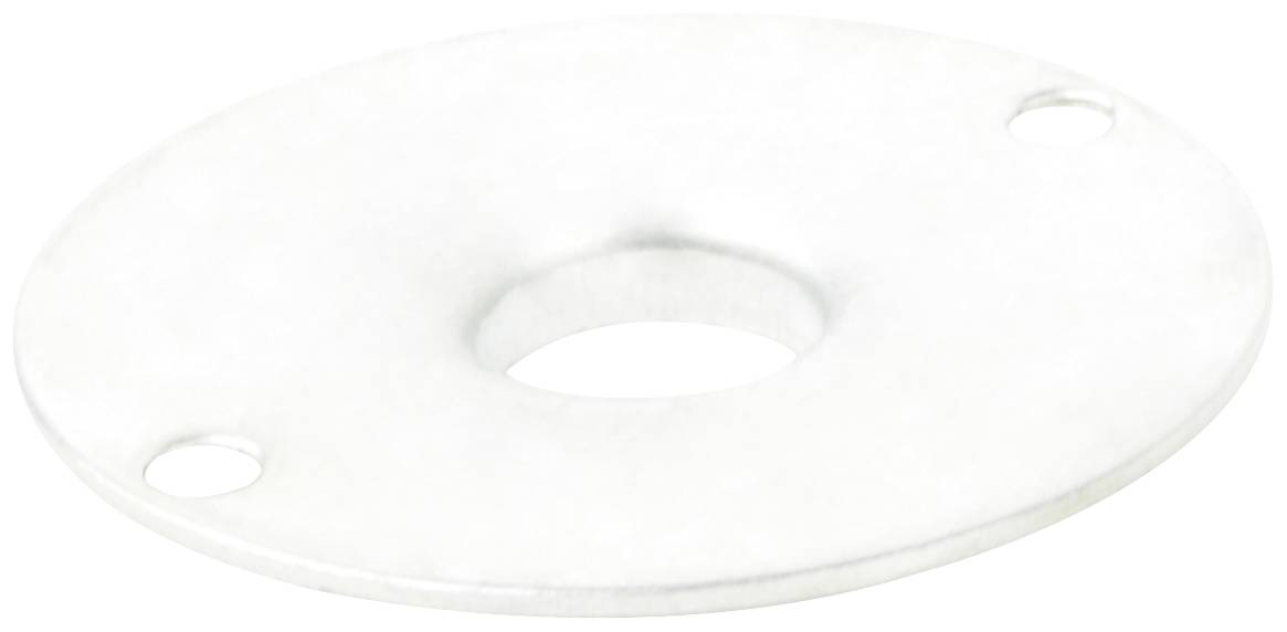Flat round metal disc with two drilled holes and a larger central opening. Suitable for fixing or mounting purposes.