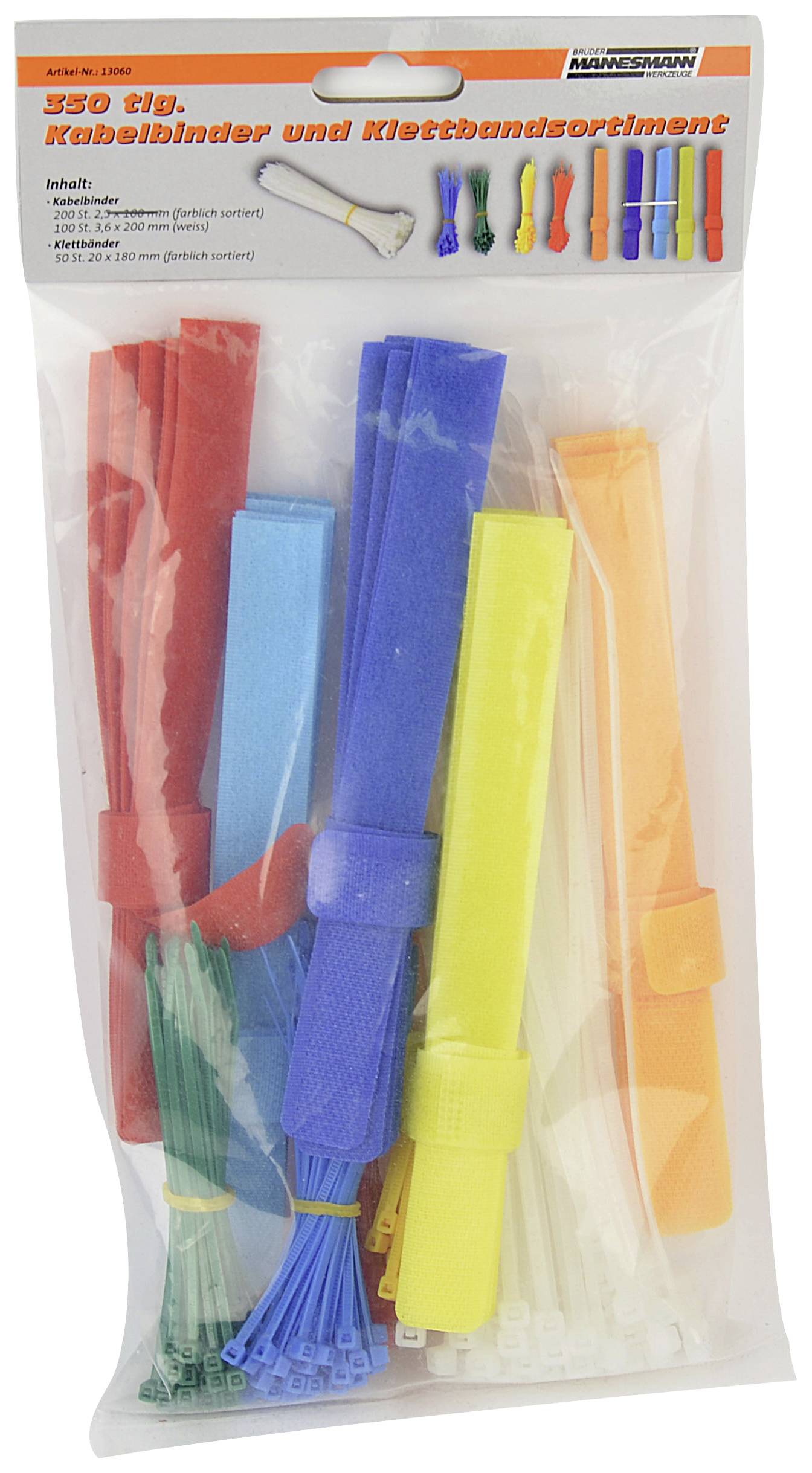 'Cable ties and hook and loop fastener set, 320-piece' in various colours, packed in a plastic bag. Main purpose: cable management.