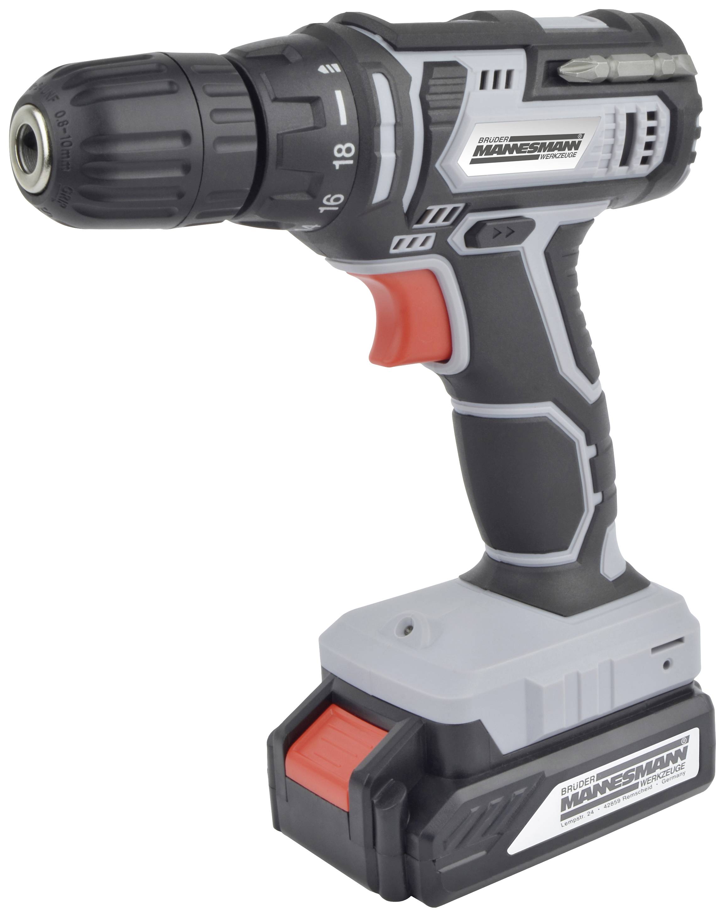 Cordless drill driver with an ergonomic handle, black drill head, and a colour combination of grey, red, and black.