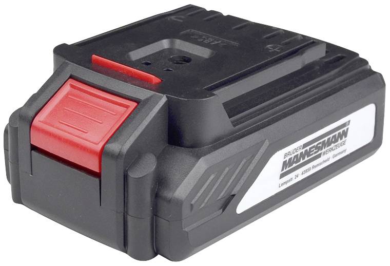 Black battery with red release button and label 'BRÜDER MANNESMANN', suitable for electrical power tools.
