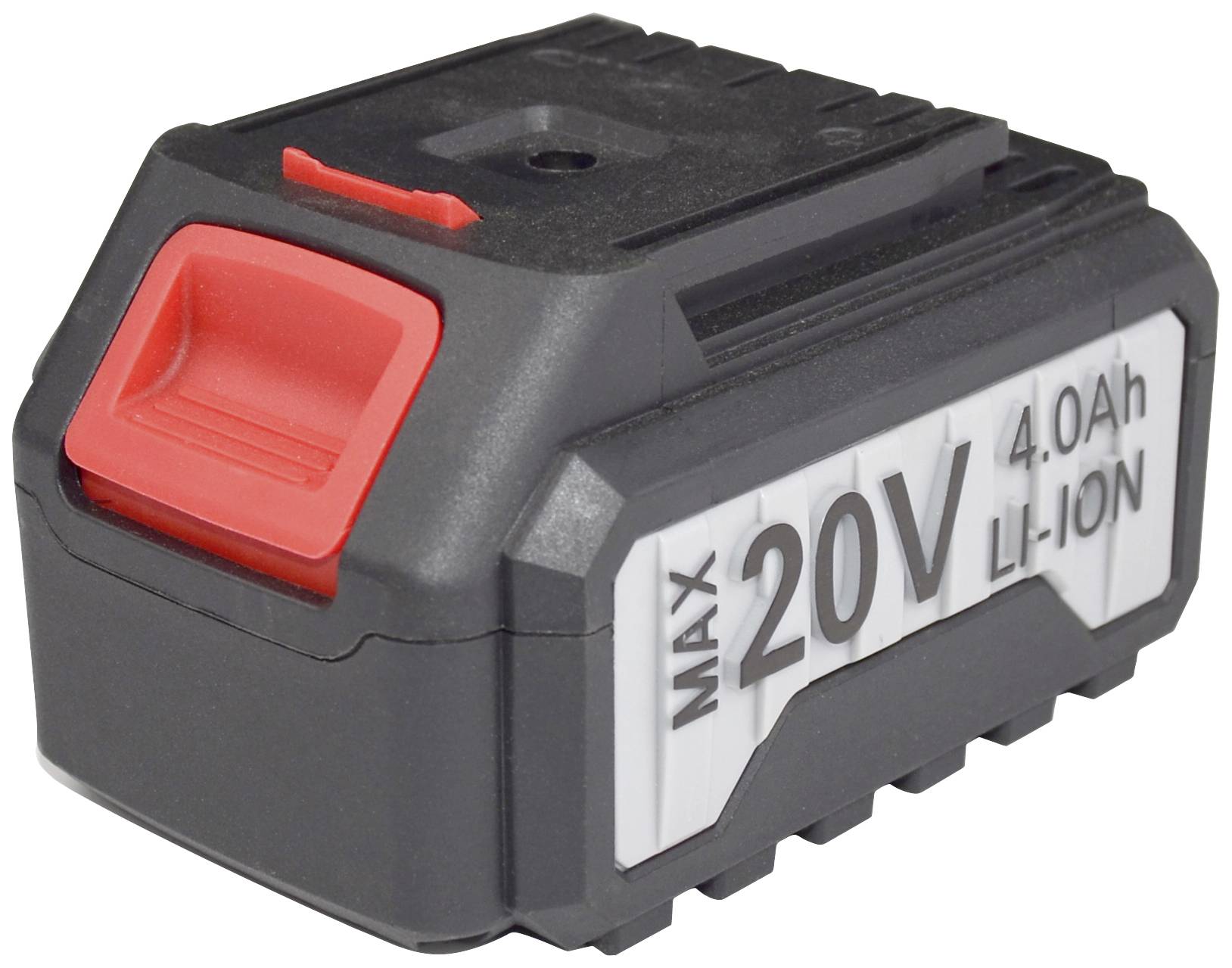 Black battery pack with red cap, labelled: Max 20V 4.0Ah Li-Ion.