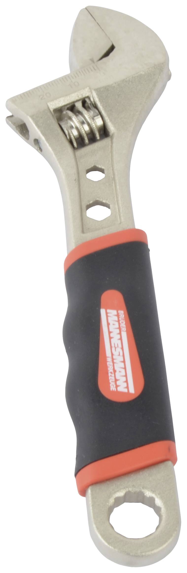 Adjustable spanner with black rubber grip and red and white logo. Tool for flexibly adapting to different bolt sizes.