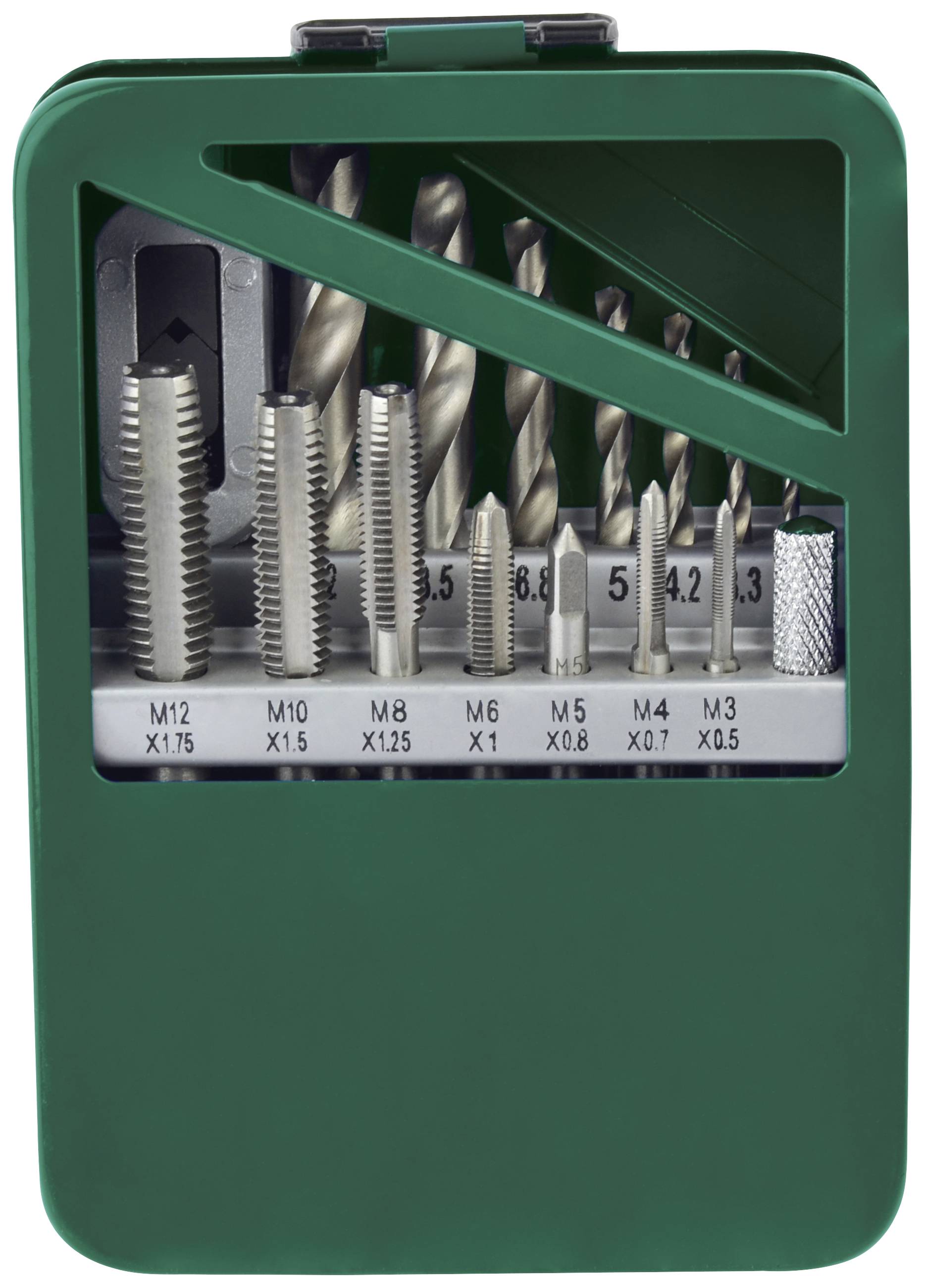 Set of metal drills and tapping drills in a green case. Sizes from M3 to M12 are visible on labels.