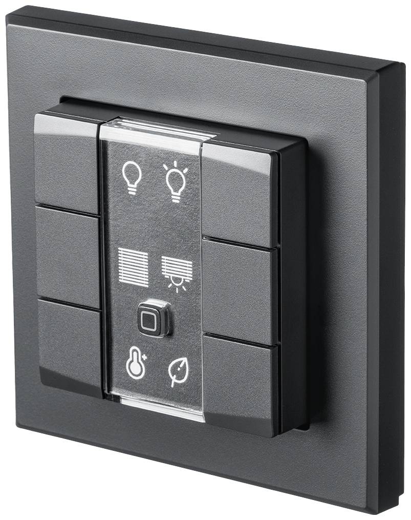 Light switch panel with seven buttons, each featuring symbols for lighting, blinds, temperature, and energy-saving mode.