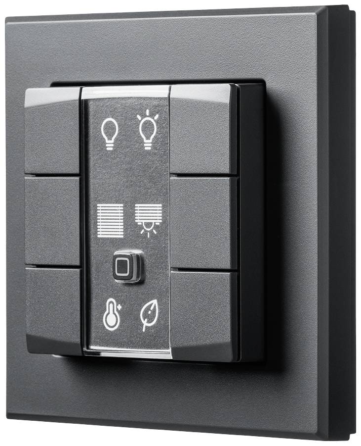 A modern wall switch with symbols for lighting, blind control, temperature regulation, and energy saving, in black colour.