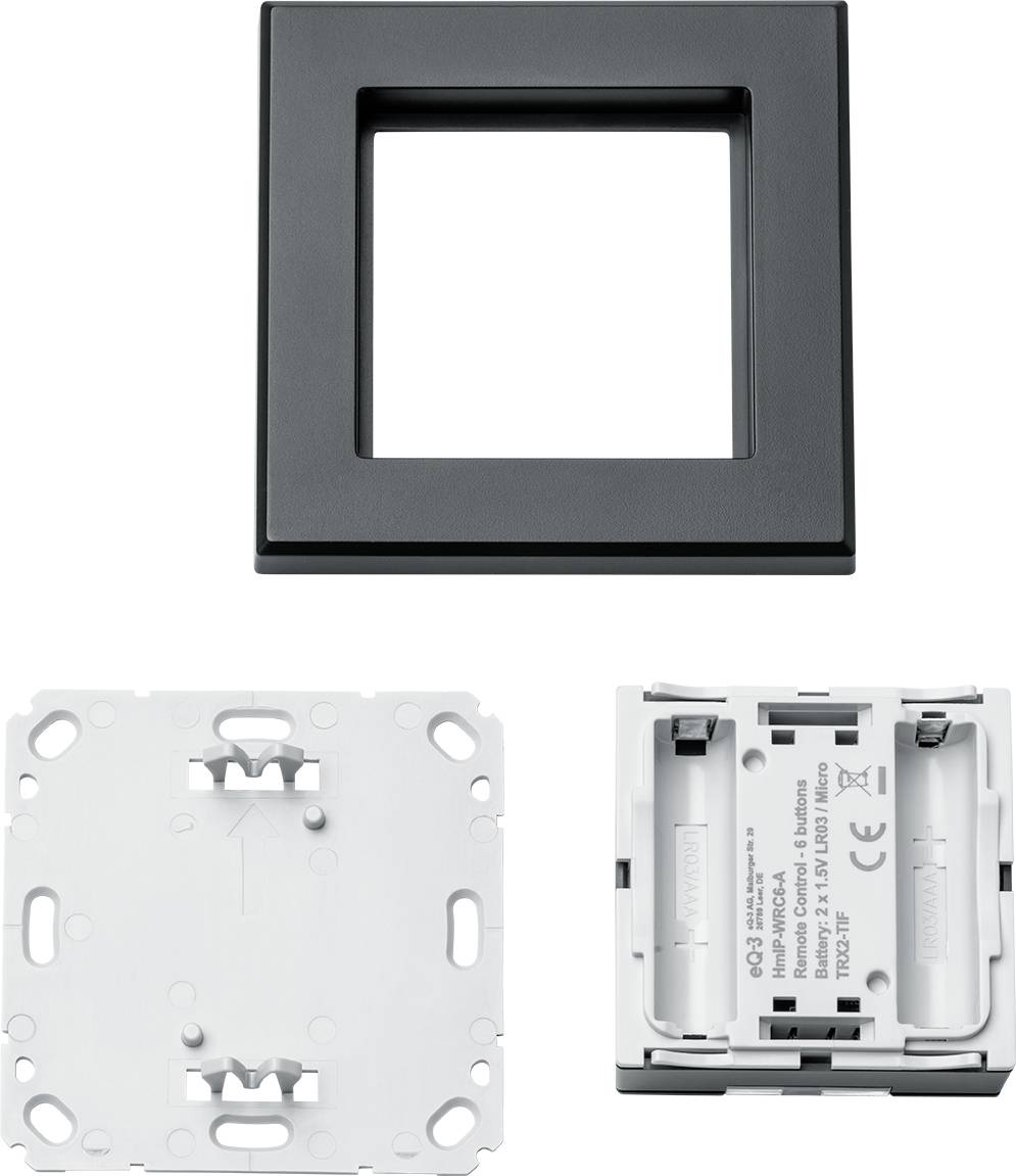 Black square frame over white base with rear view of flush-mounted module showing connection terminals and model information.