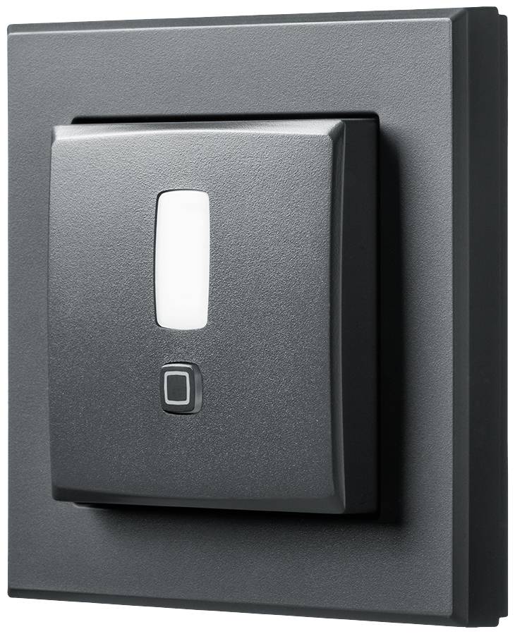 Black wall switch with integrated white light indicator in the centre and small push button underneath.