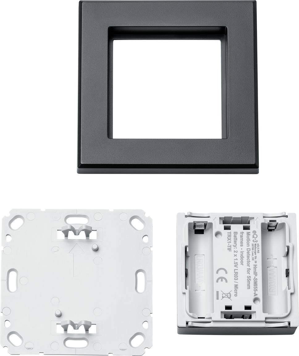 Black plastic switch frame, compatible with various switches and sockets, front and rear view of the frame.
