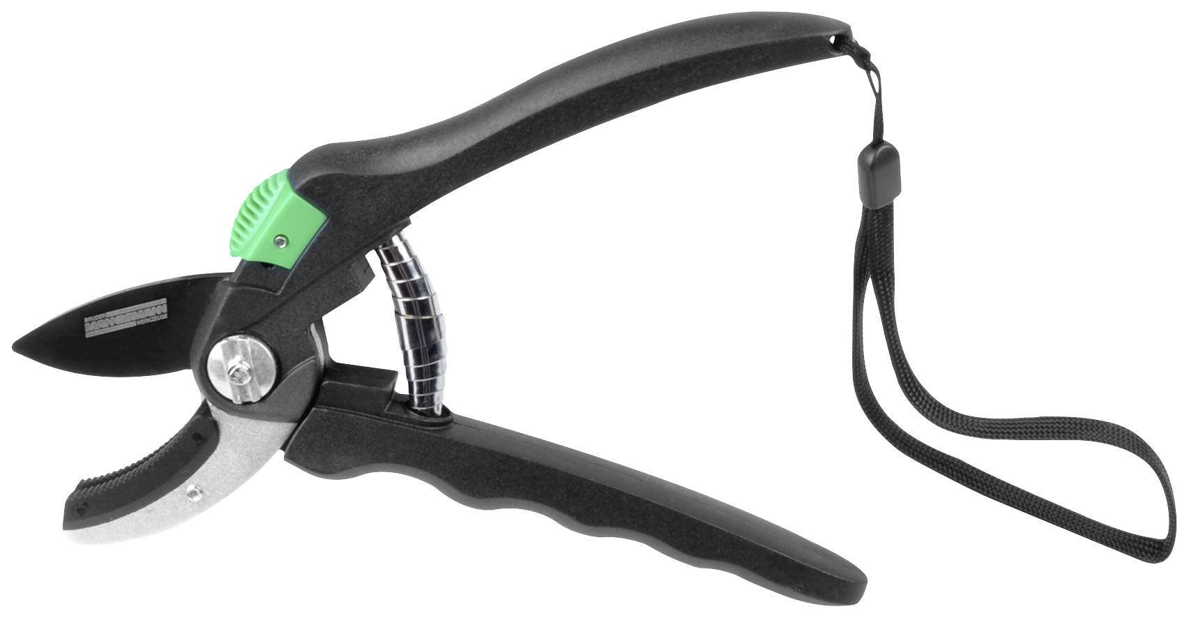 Garden shears with ergonomic black handles and a green safety lock, with a carrying loop at the end of the handle.