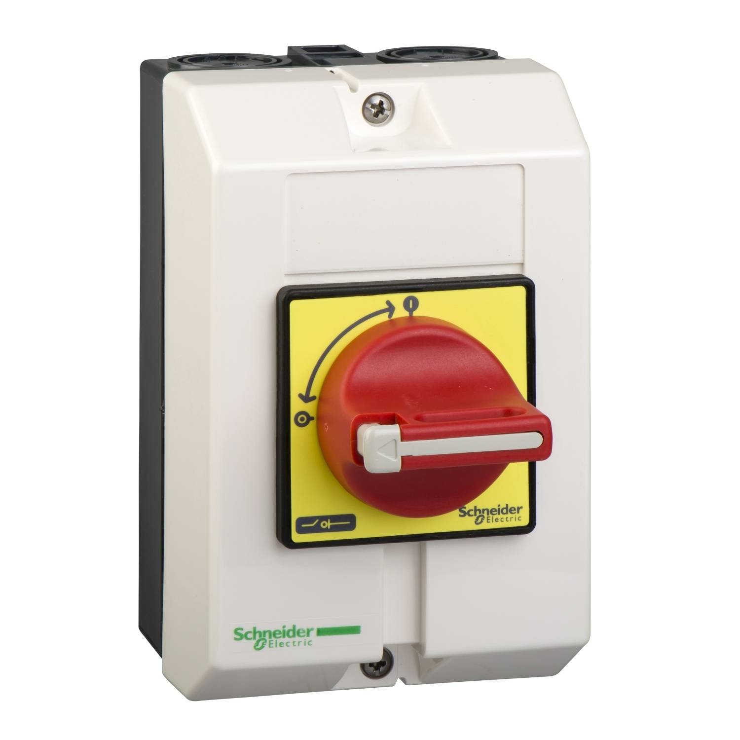 A main switch by Schneider Electric with a red rotary knob on a yellow background. Designed for safety and control purposes.