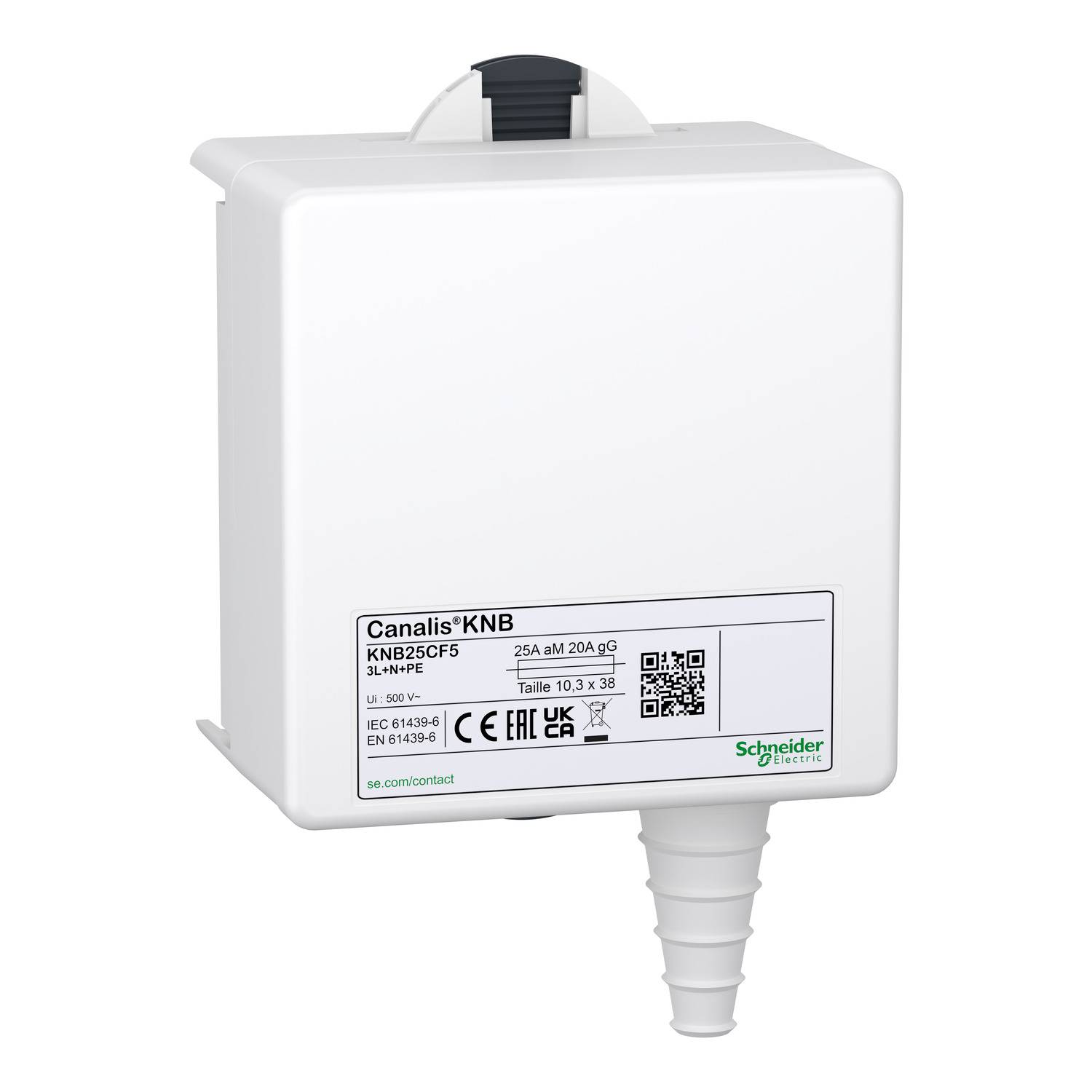 A white electric enclosure marked 'Canalis KNB'. It features safety markings and a cable outlet at the bottom.